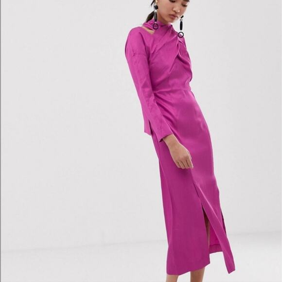 ASOS Satin Formal Pink Crisscross Halter long sleeve dress size 4 small - Picture 1 of 11